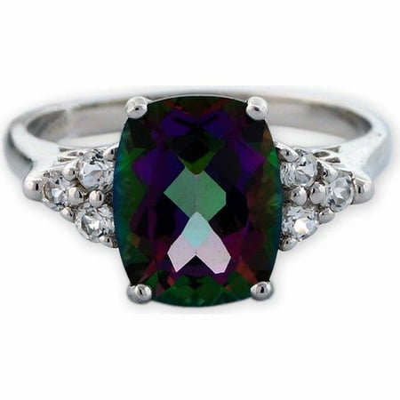 3.8 Carat T.G.W. Mystic Green Topaz and White Topaz Sterling Silver Emerald-Cut Cushion Ring