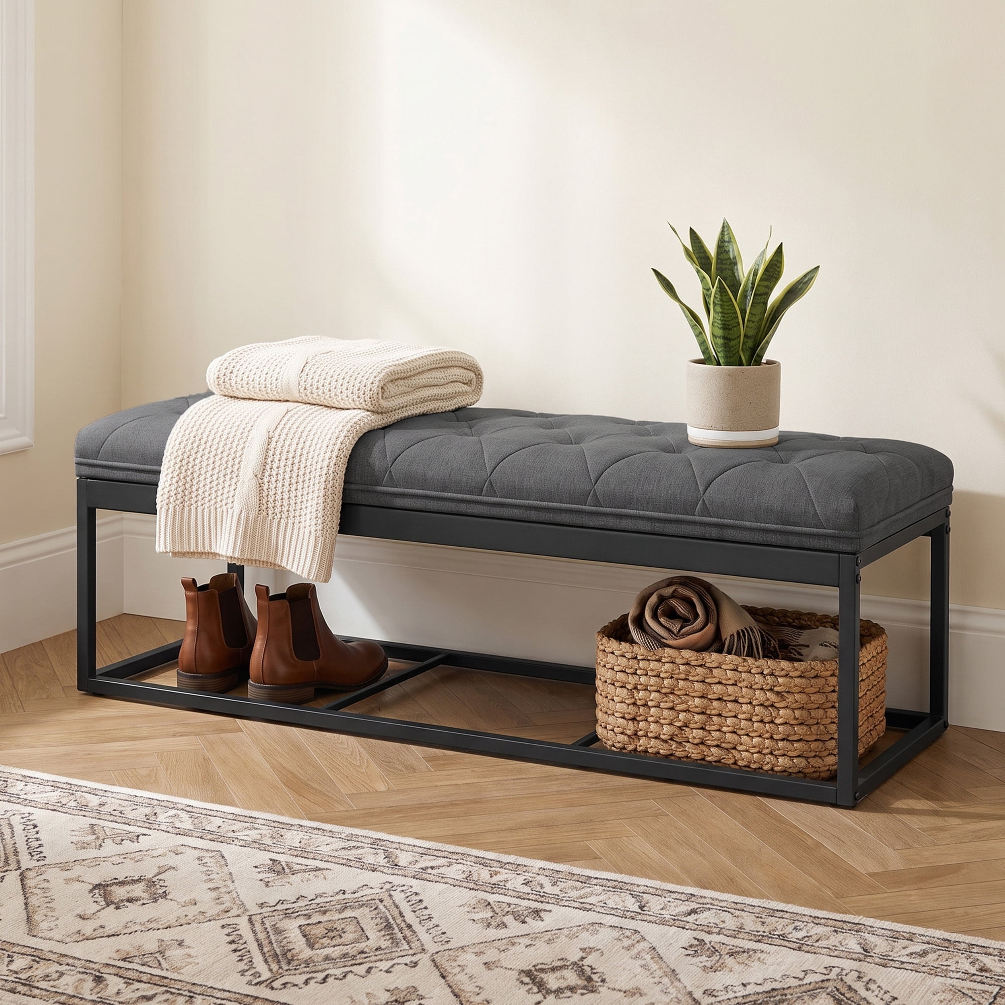 Ledrem Dark Gray Tufted Storage Ottoman Bench, 43" End of Bed Bench with Lift-Off Lid, 660lb Capacity