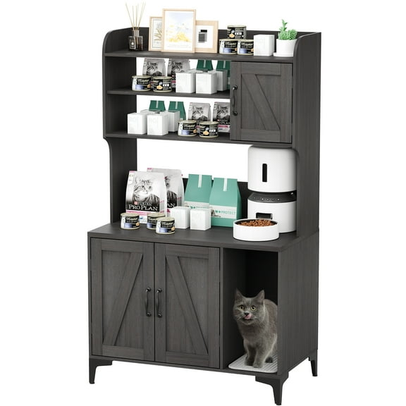 Cat Litter Box Enclosure Furniture with 4-Tier Shelves & Scratch Pad, Hidden Cabinet with Power Outlet, Multi-Functional End Table & Entryway Bench for Living Room