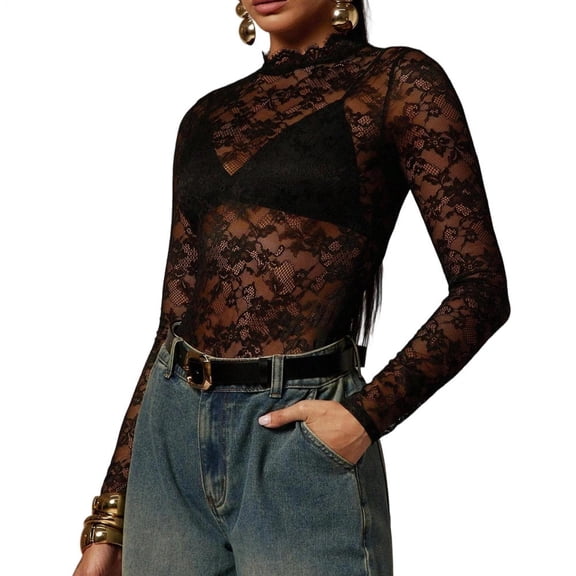 Lace Bodysuit Long Sleeve Slim Fit Sheer Long Sleeve Bodysuit Mock Neck Sexy Tops for Night out Party Club
