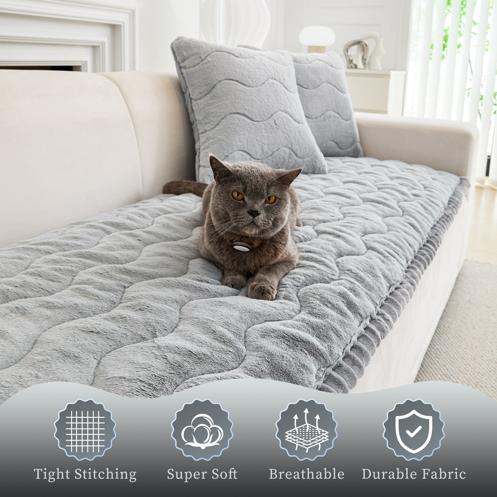 CJC Sofa Cover Fuzzy Couch Cover for Pets Dog Cat Washable Non-Slip Sofa Slipcover Cushion Protector Pets Friendly Mat (Gray, 28'' x 59'')