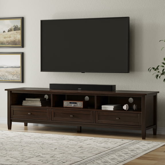 Simpli Home Warm Shaker 72 inch Wide Solid Wood Low TV Stand in Tobacco Brown For TVs up to 80 inches
