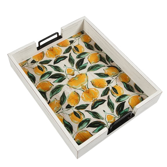 10" x 15" x 2 1/2" Lemon & Leaves Wood Serving Tray with Handles