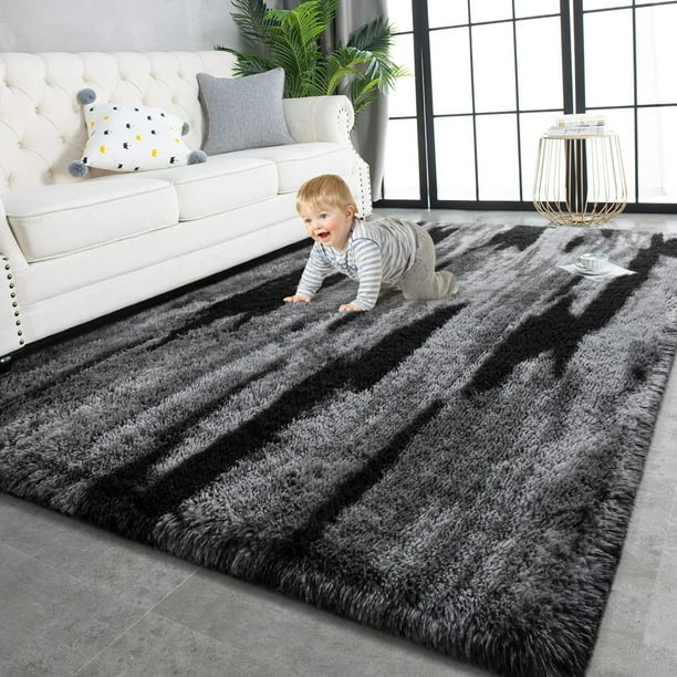 Alfombra TWINNIS de 152x244 cm, felpa suave y esponjosa, antideslizante, negro y gris
