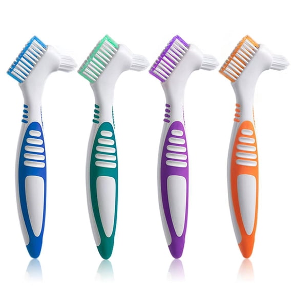 Denture Brush 4Pcs Denture Toothbrushes,Denture Cleaning Care Cleaning Brush ,Double Sided Toothbrush,Multi-Layered Bristles and Rubber Anti-Slip Handle