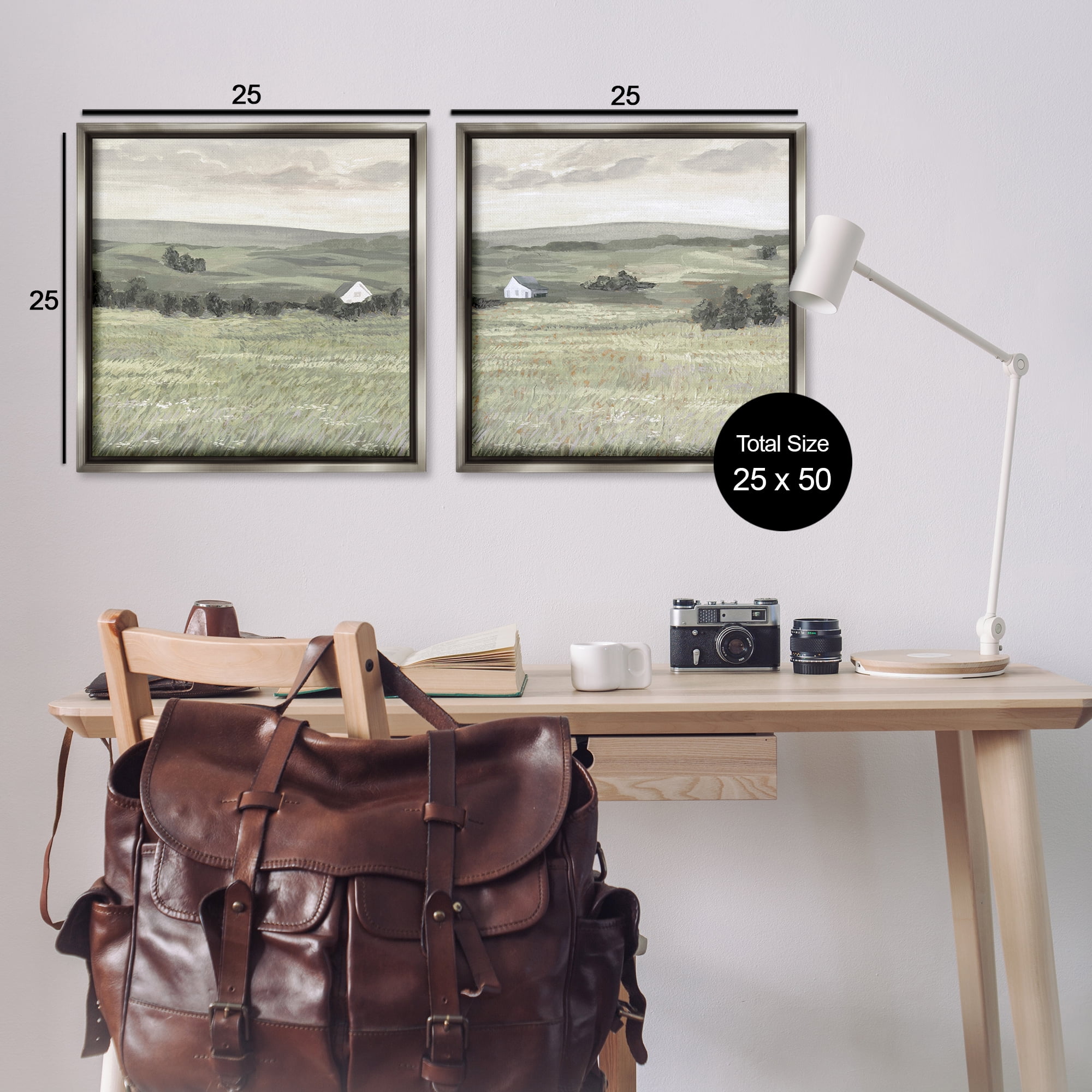 Stupell Industries Traditional Distant Farmhouse Field Landscape & Nature Painting Gray Floater Framed Canvas Art Print Wall Art, 25 x 25, Set of 2