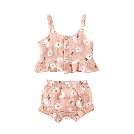 

Frobukio Kids Toddler Baby Girls Clothes Set Daisy Flower Print Sleeveless Ruffle Hem Suspender Tank Tops with Shorts Pink 2-3 Years