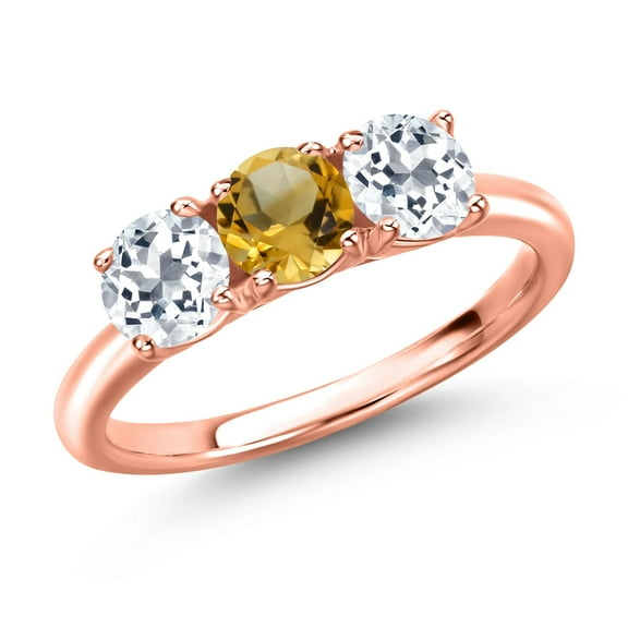 Gem Stone King 18K Rose Gold Plated Silver Yellow Citrine and White Topaz Engagement Ring for Women | 1.65 Cttw | Round 5MM | Gemstone November Birthstone | Size 7
