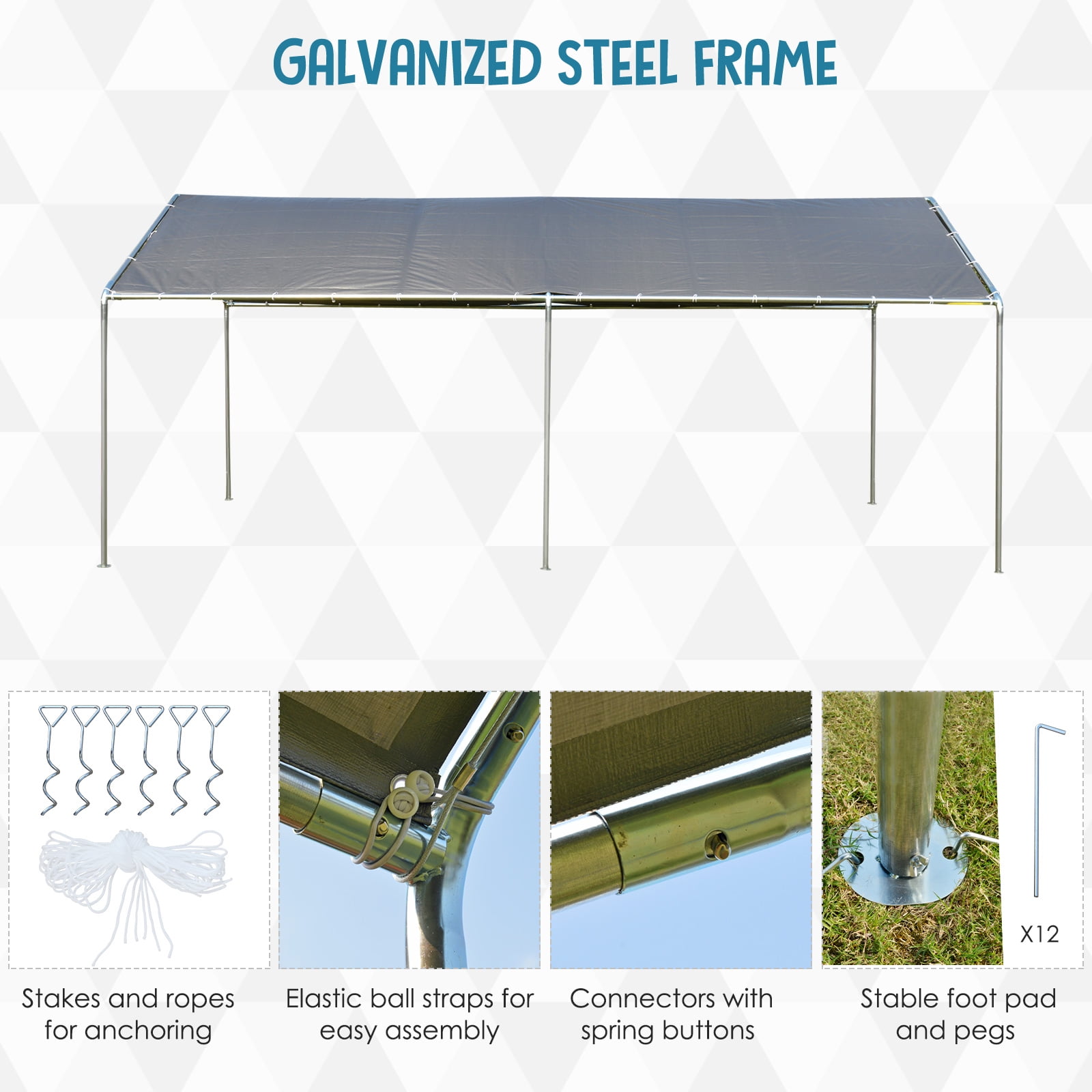 Outsunny 10'x20' Carport Heavy Duty Galvanized Car Canopy with Included Anchor Kit, 3 Reinforced Steel Cables, Grey