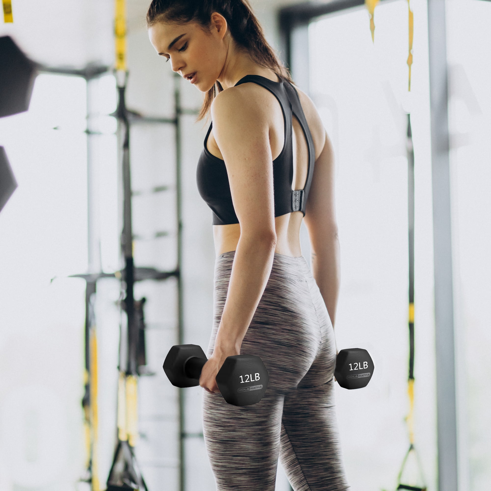 HolaHatha Neoprene Dumbbell Weight Set with Rack (Black), 112.5 lb