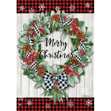 Merry Christmas Gingham Chickadee Wreath House Flag