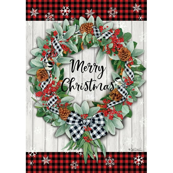 Merry Christmas Gingham Chickadee Wreath House Flag