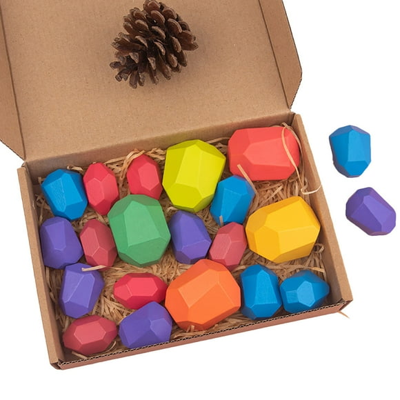 21PCS Wooden Stone Balancing Toys Natural Rock Blocks Wood Stone Building Blocks