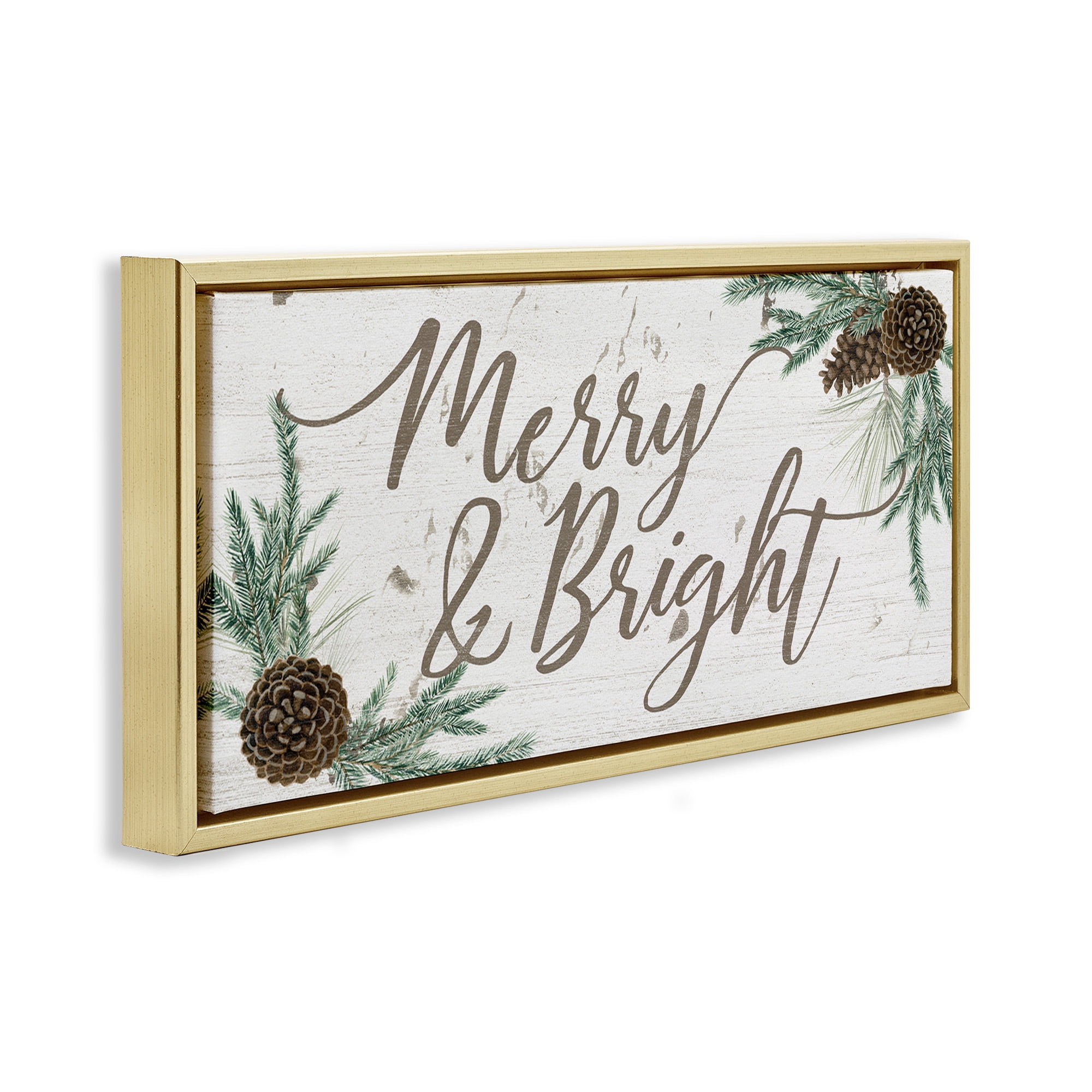 Stupell Industries Merry & Bright Festive Winter Holiday Painting Gold Floater Framed Canvas Art Print Wall Art, 31 x 14