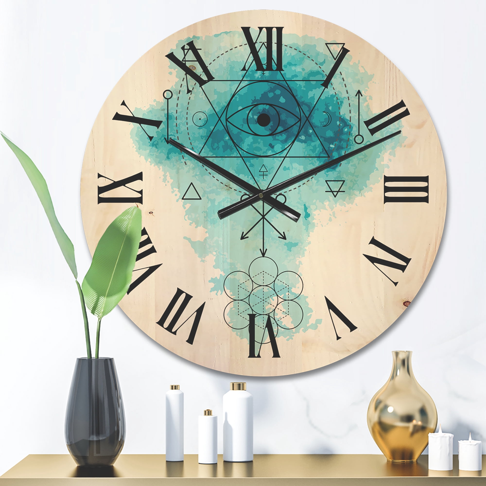 Designart 'Sacred Geometry and Symbol of Alchemy II' Bohemian & Eclectic Wood Wall Clock