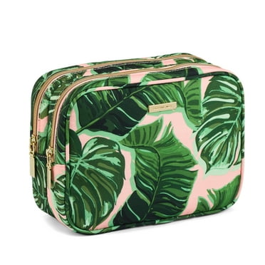 Sophia Joy Dual Zipper Compartment Travel Makeup & Accessory Organizer in Pink & Green Whimsy Palm Fashion Pattern with Signature Gold Hardware