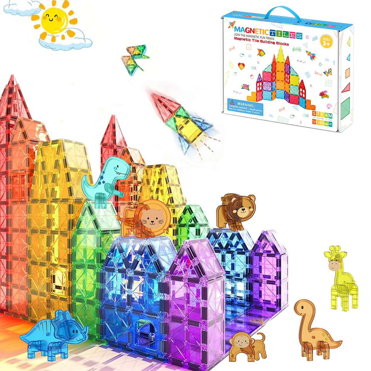 68PCS Animal Compatible Magnetic Tiles Set, Color Clear Window STEM Building Blocks with Zoo & Dinosaur Figures, Open-Ended Construction Toys for Kids 3+, Ideal Birthday Holiday Gift for Boys Girls