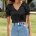 thumbnail image 2 of Blusa de satén con cuello en V y botones para mujer - Dobladillo con volantes estilo francés - Informal/trabajo/noche - Manga corta, 2 of 5