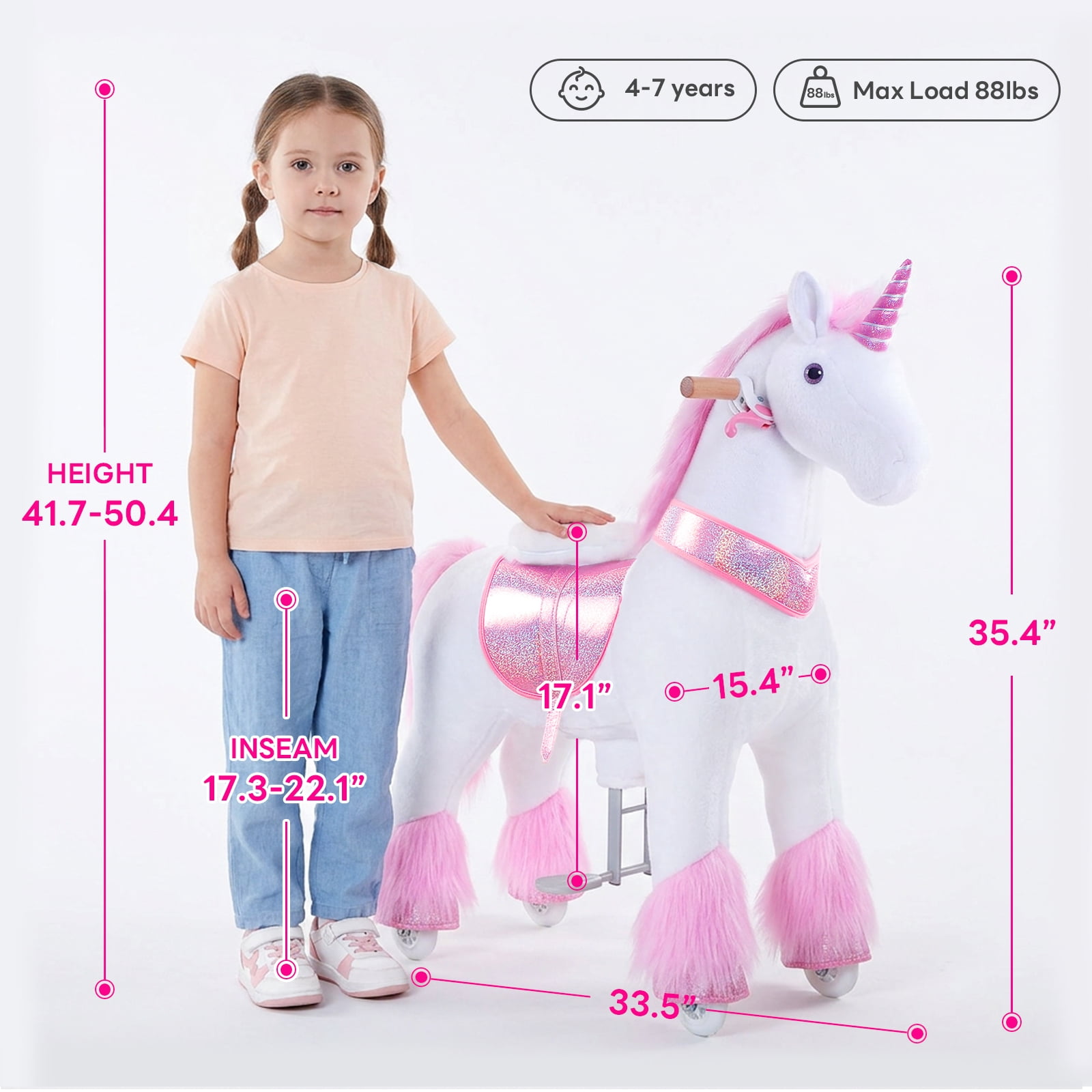 PonyCycle Kid-Powered Unicorn Ride-On Toy, No Battery, Smooth Wheels, Ages 4-7, Pink, U402