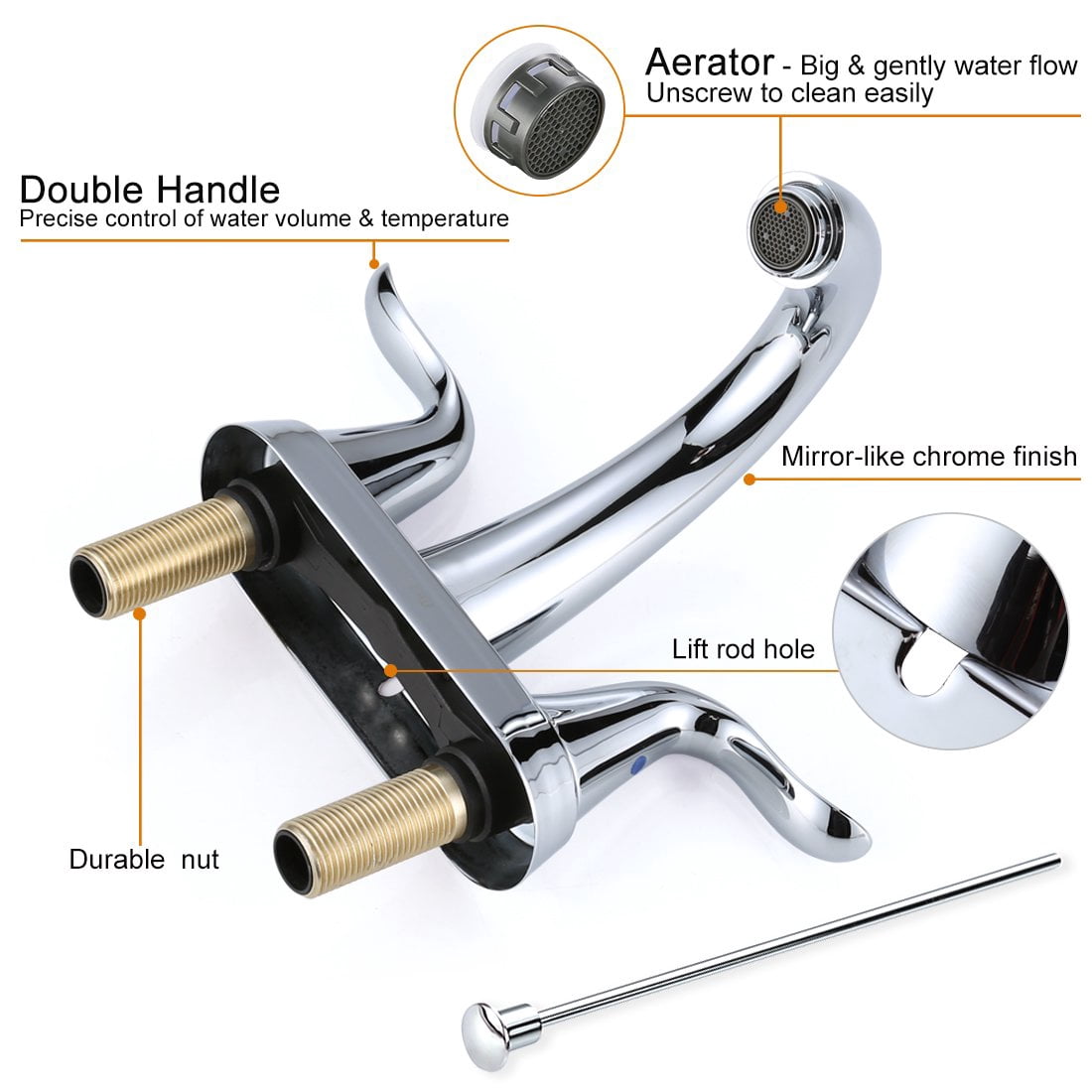 WOWOW 4 inch Bathroom Faucet 2 Handle Faucet for Bathroom Sink 3 hole Stainless Steel Faucet with Drain, Chrome