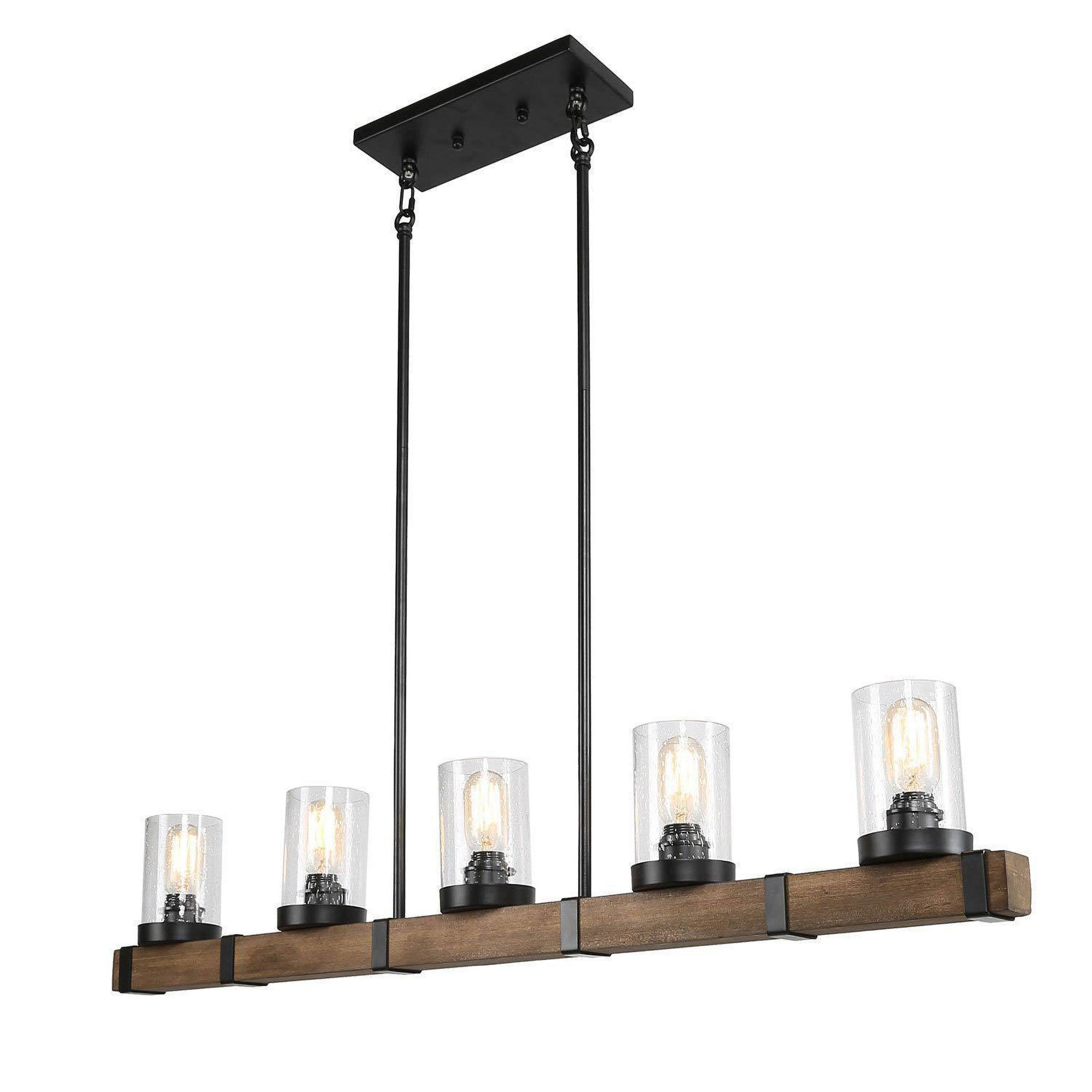 LNC 5-Light Farmhouse Chandelier with Seeded Glass,Matte Black and Brown Wood Tone
