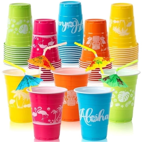 50 Hawaiian Luau Party Decorations Cups with Parasol Straws - 16OZ Disposable Party Cups for Tropical Luau Birthday Party Decor Supplies