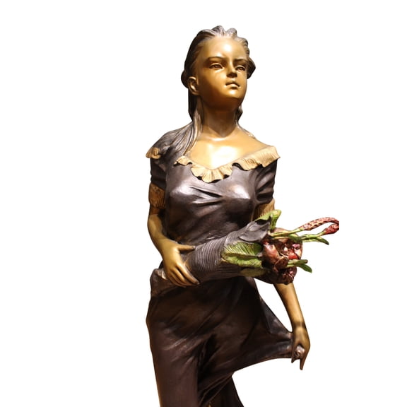 Nifao Woman Holding Bouquet Standing on Lily Bronze Statue/Fountain – Outdoor Garden Decor Sculpture, 28"L x 27"W x 60"H