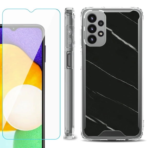 Shockproof Bumper Phone Case for Samsung Galaxy A23 5G, with Tempered Glass Screen Protector, by OneToughShield ® - Marble / Black