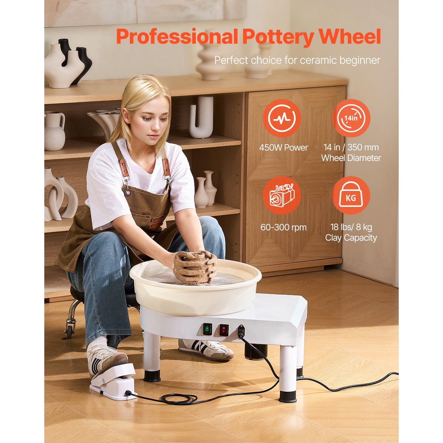 KFFKFF 14-inch Pottery Wheel with Adjustable Speed, Foot Pedal Control, Detachable Basin, Adjustable Legs, and Full Accessories for Home Pottery and DIY Projects, White
