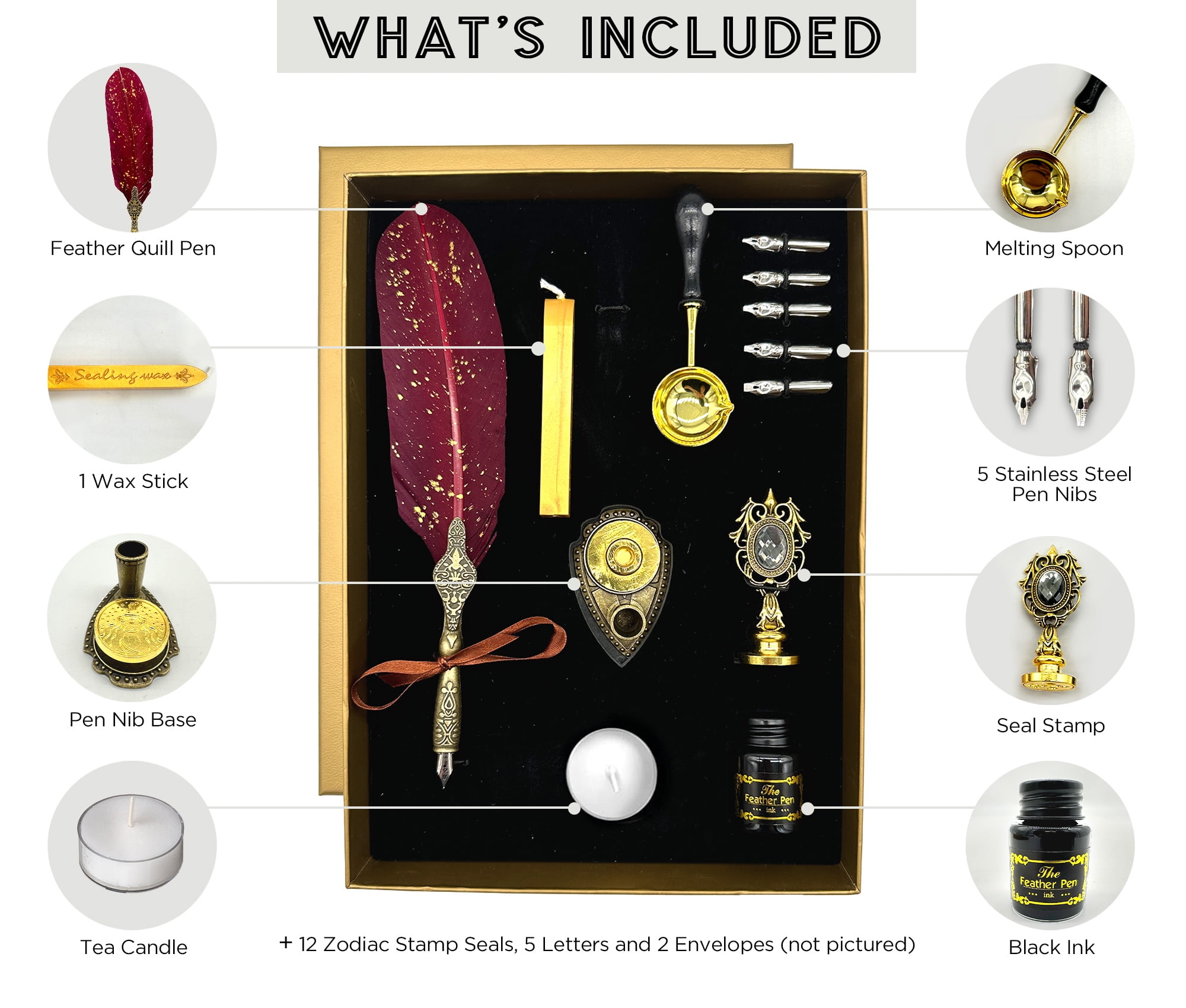 FTC Feather Quill Pen Calligraphy Set with Zodiac Wax Seals, Ink, and Nibs, Green