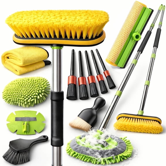 Charefin 62 inch Long Handle Car Wash Brush Kit Car Wash Kit with Tire Brush Window Squeegee Chenille Microfiber Car Detailing Brushes Car Cleaning Brush Kit Supplies for Car Truck SUV RV