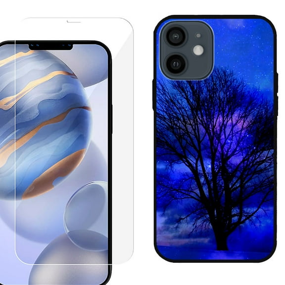 Slim-Fit Protective Phone Case (Black) compatible with iPhone 12 / iPhone 12 Pro, with Tempered Glass Screen Protector, by OneToughShield ® - Night Tree