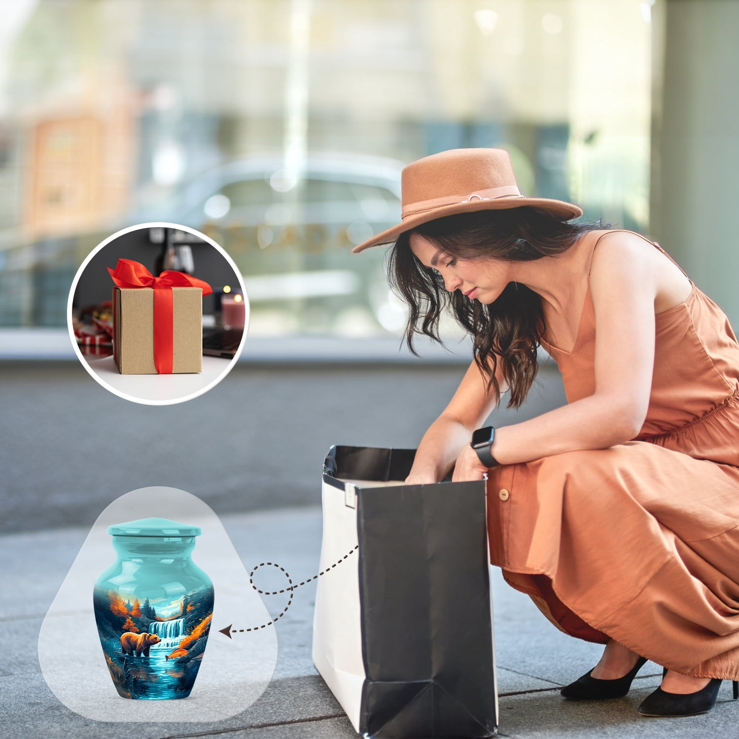 JAGASY Bear Miniature Small Urn for Mother, Blue Tiny Urns for Human Ashes Keepsake, River Trees & Blue Sky Decorative Urns for Parents, Mountain Memorial Urn for Father, (3 Inch)
