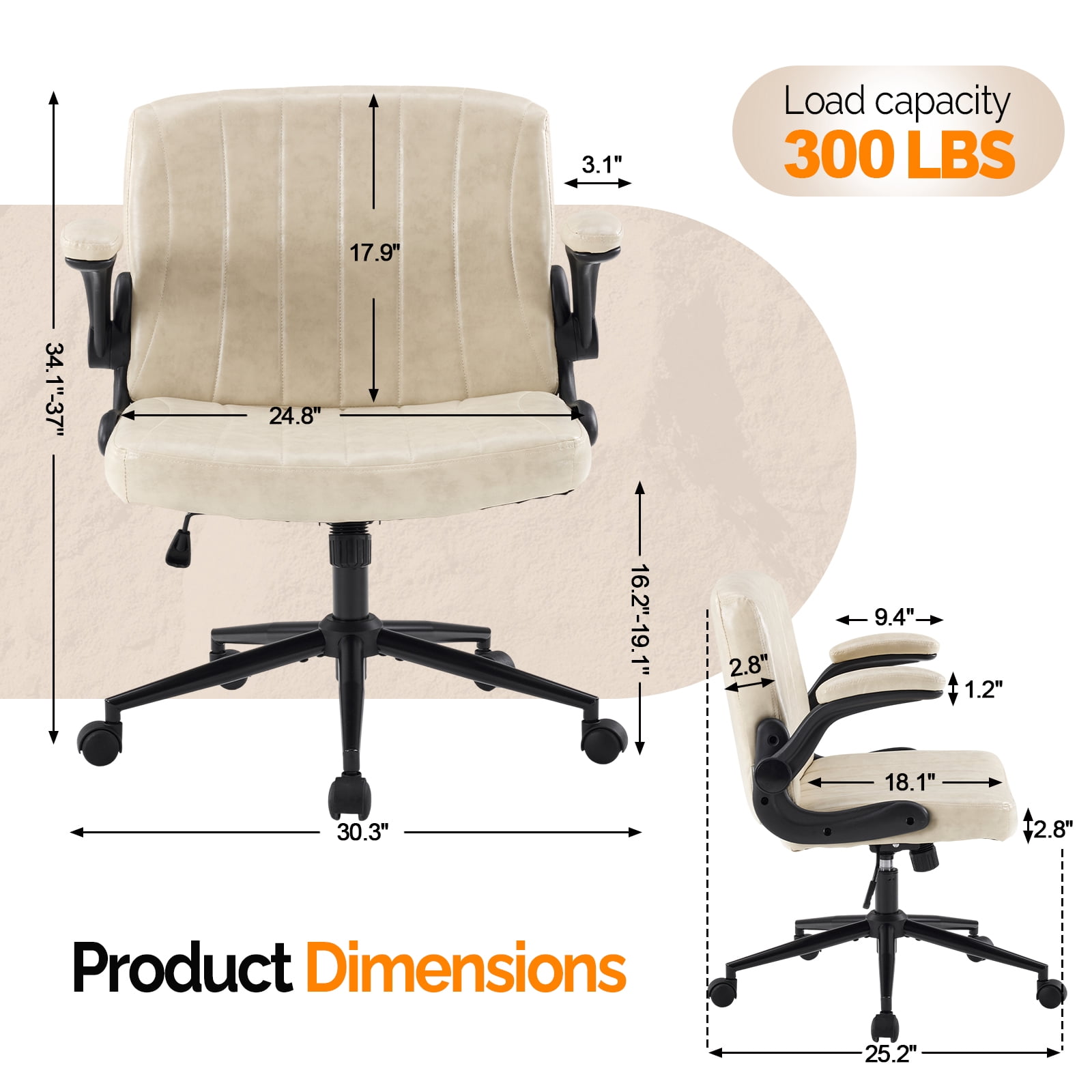 Ktaxon PU Office Desk Chair , Flip-Top Armrest Task Chair on Metal Star Base, Adjustable Height & Quiet Casters for Study Black