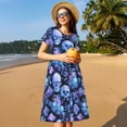 thumbnail image 4 of Lsque Skull blue crystal flower Print Women's Casual Dress T-Shirt Summer Short Sleeve Scoop Neck Swing Dresses, 4 of 6
