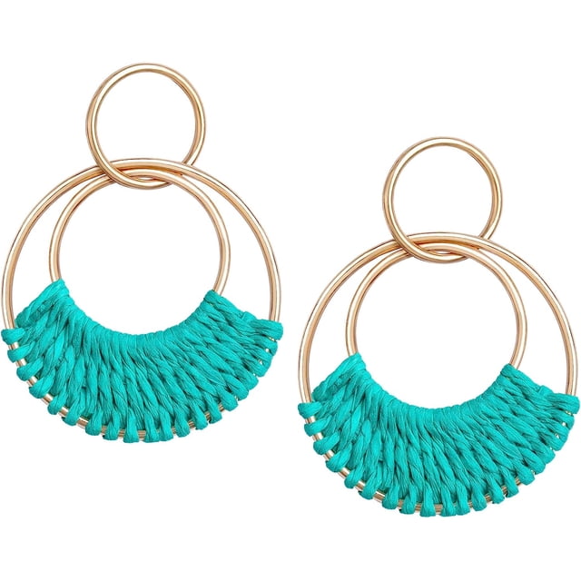 Raffia Hoop Earrings for Women Girls Fun Boho Summer Beach Earrings Lightweight Handmade Straw Wicker Rattan Dangle Earrings Statement Geometric Round Drop Earrings