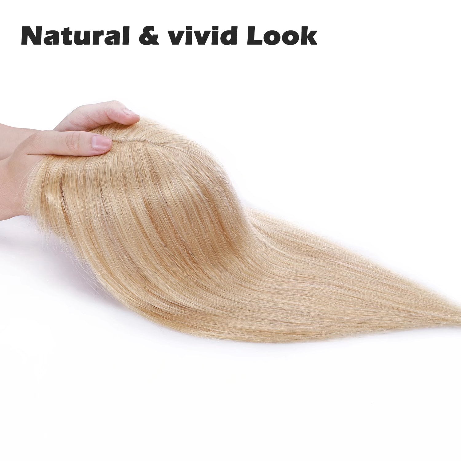 Benehair Clip In Remy Human Hair Extensions Silk Base Topper Hairpiece With Bangs Toupee Wig for Women Hair Loss 4 clips Blonde