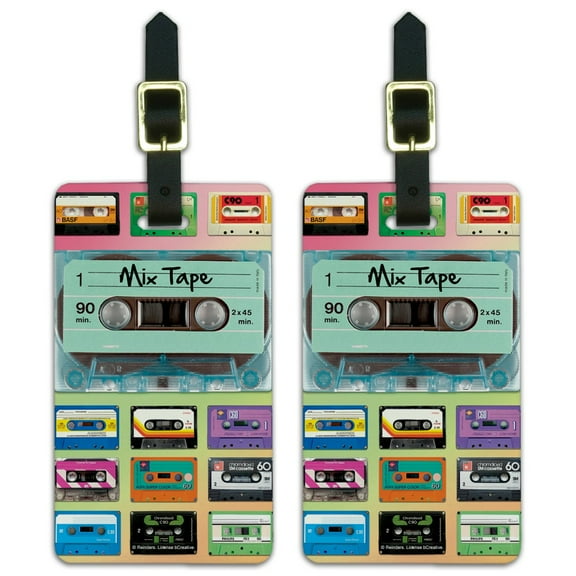 Classic Compact Cassette Mix Tapes Collage Luggage ID Tags Suitcase Carry-On Cards - Set of 2