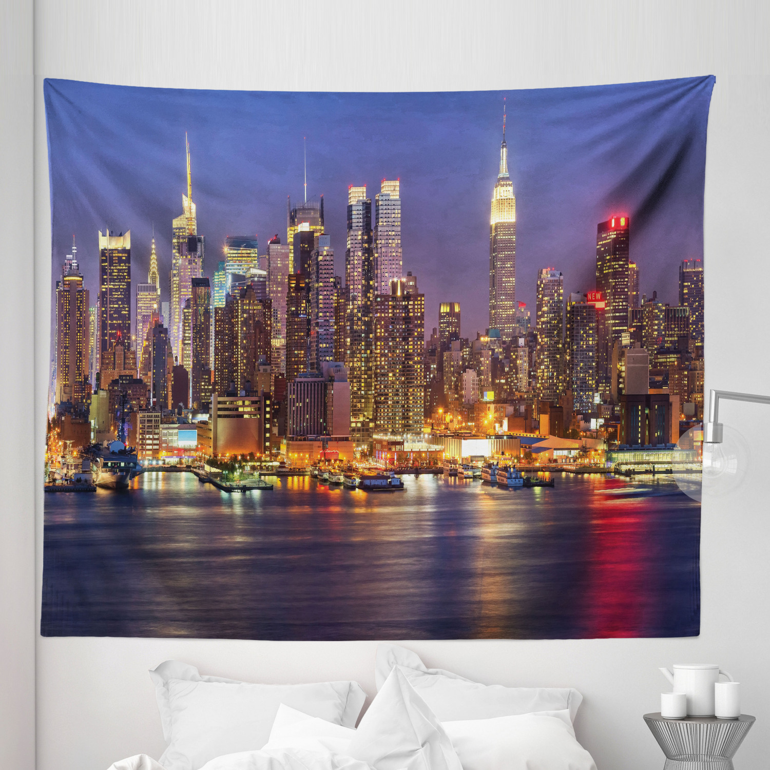 City Love Tapestry, Urban Life Themed Skyscrapers with Dock and Boats ...