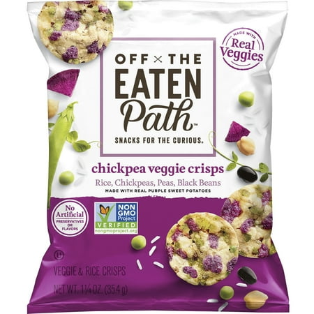 USE BY: 03/11/2025 Off The Eaten Path Chickpea Veggie Crisps Snack Chips  1.25 oz Bags  16 Count Multipack