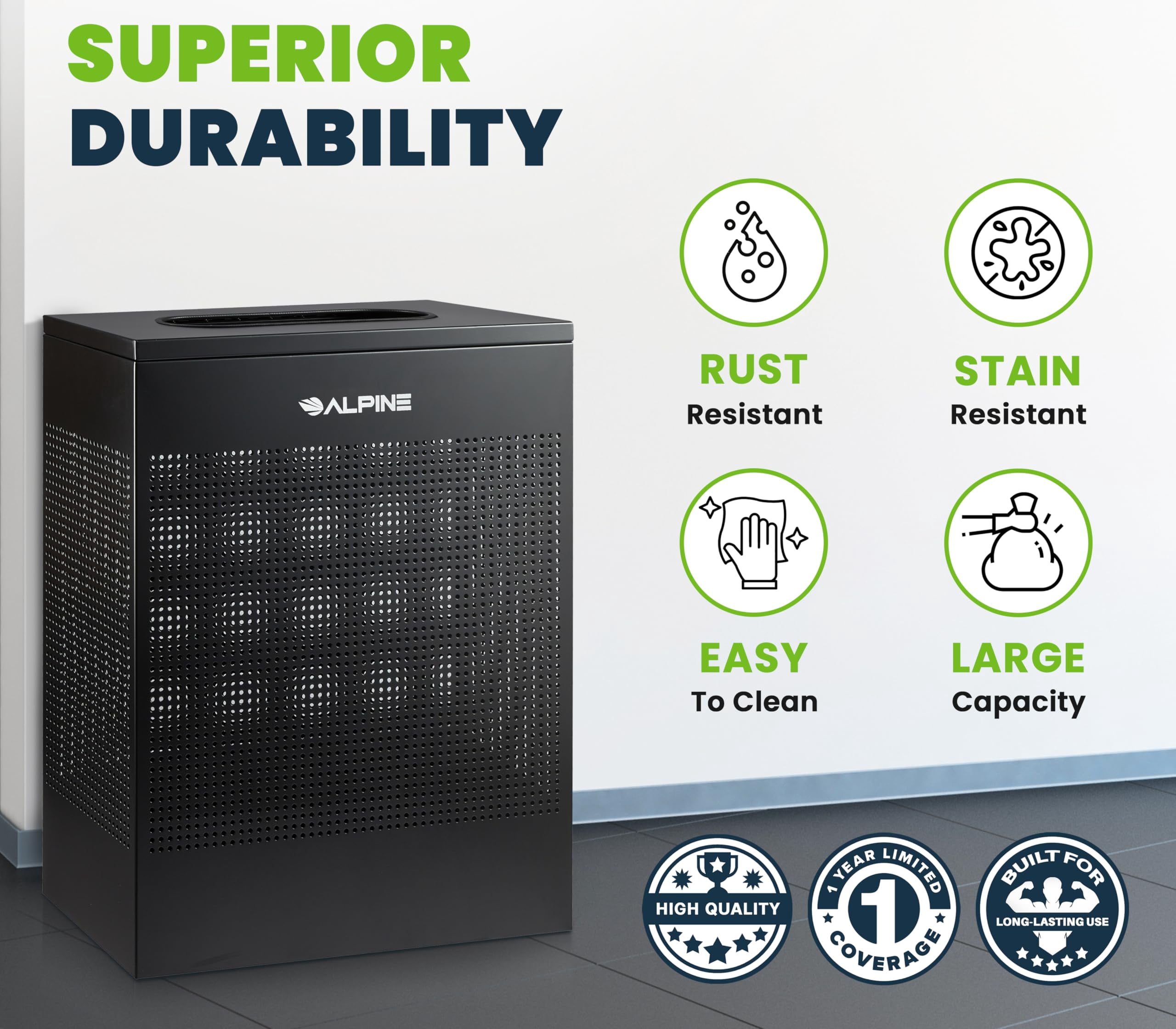 Alpine Black Commercial Trash Can - Large Perforated 23 Gallon Trash Can Open Top, Modern Metal Heavy Duty Garbage Can for Indoor & Outdoor in Office