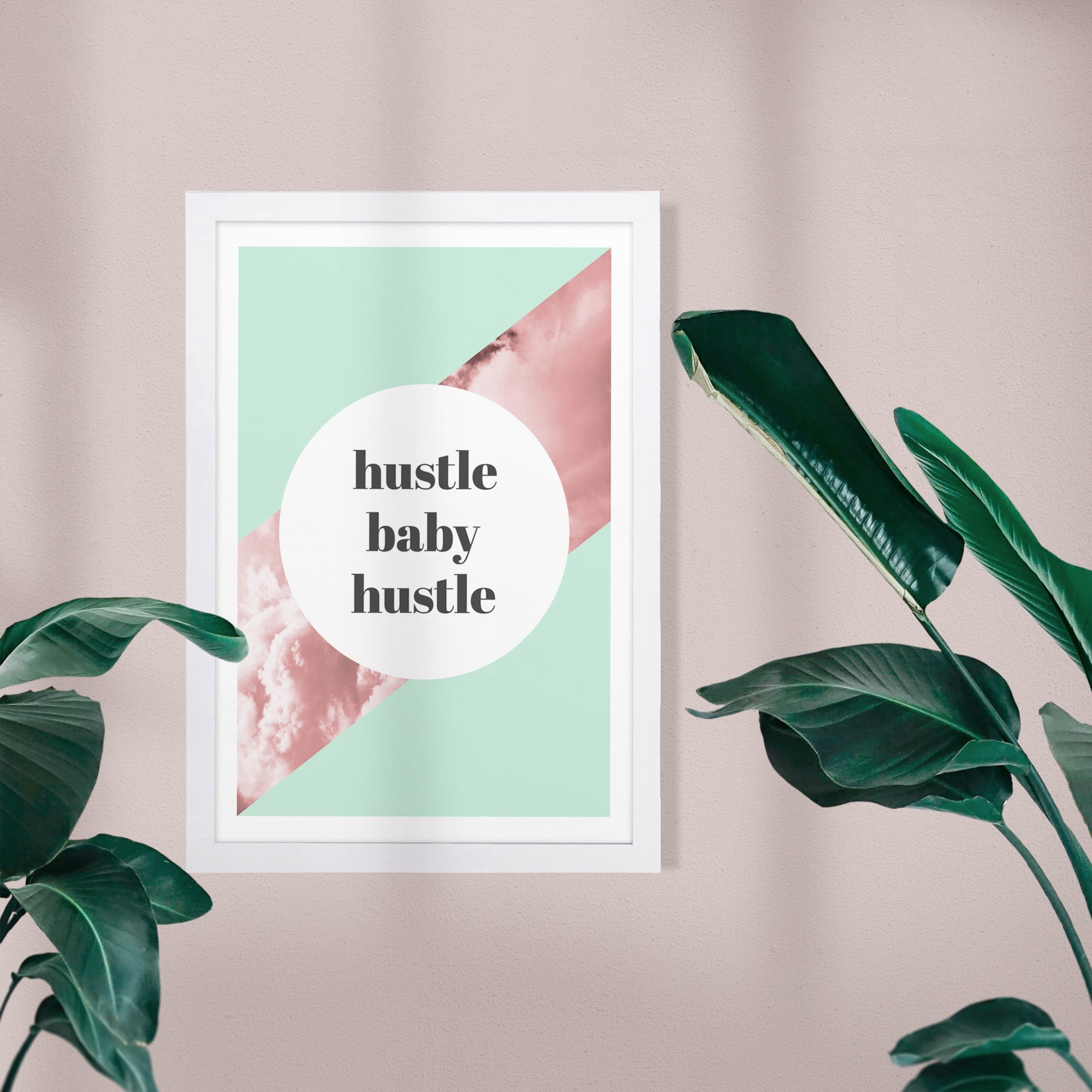 Wynwood Studio Typography and Quotes Framed Wall Art Prints 'Hustle Baby' Inspirational Quotes and Sayings - Green, Pink, 13" x 19"