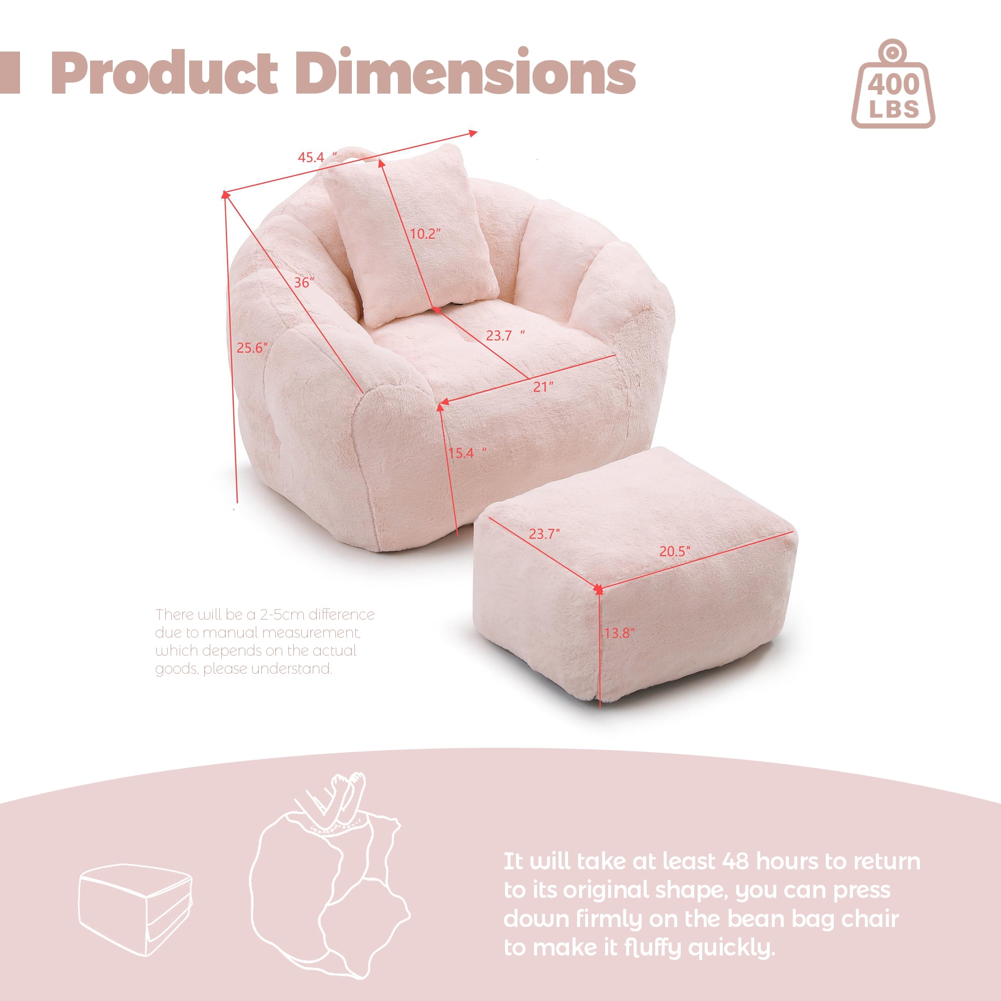 Aukfa Giant Bean Bag Chair,Lounge Chair Floor Lazy Sofa Bed with Ottoman & Pillow,Pink