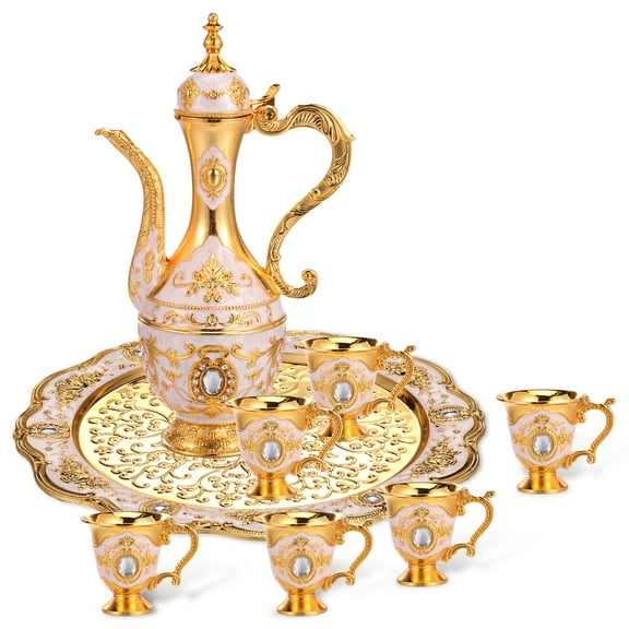Ikoopy Turkish Coffee Pot Cups Set with Tray and 6 Cups Vintage Wine Pot Set Exquisite Tea Service Kit for Home Party Decor