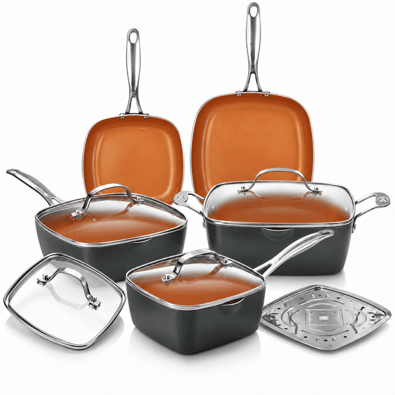 Gotham Steel Square 10 Pc Pots and Pans Set Non Stick, Ceramic Cookware Set w/ Ultra Nonstick Ceramic Coating, Square Pot and Pan Set Includes Shallow Skillet, Stock Pot, Oven/Dishwasher Safe, Copper