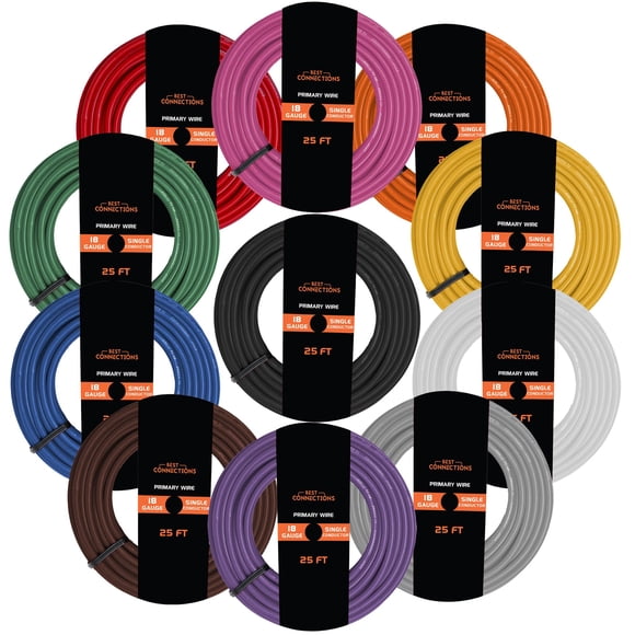BEST CONNECTIONS 18 Gauge Automotive Primary Wire (Various Color/Size Options) | Ideal for Automotive Speaker and Lighting Circuits | Primary/Remote Power/Ground Electrical Wiring (25 Feet 11)