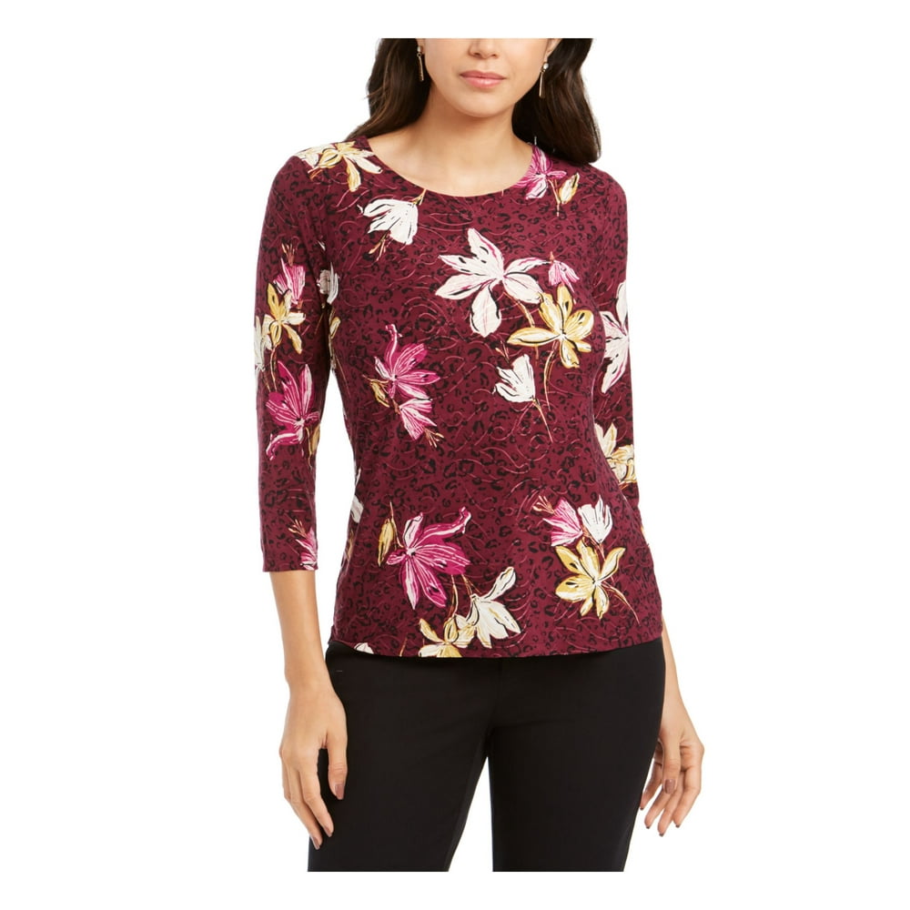 JM Collection JM COLLECTION Womens White Floral 3/4 Sleeve Jewel Neck