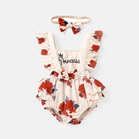 

PatPat 2pcs Baby Girl Letter & Floral Print Ruffle Trim Romper & Headband Set