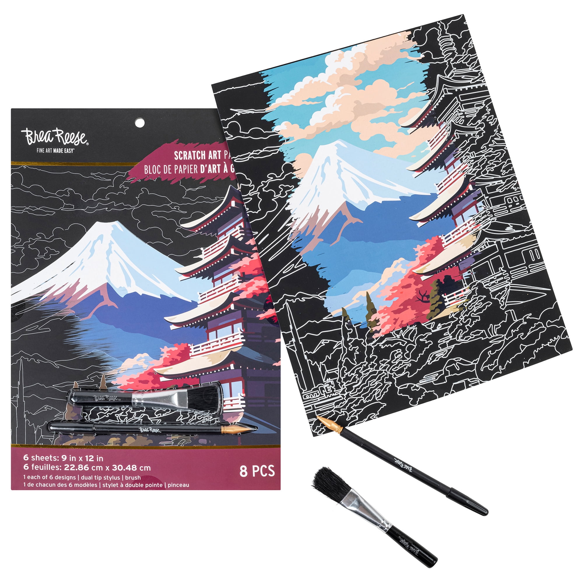 Brea Reese: Scratch Art Paper Pad - Global Iconic Views - 6 Designs, Metallic Guided Art, Dual-Tip Stylus, Easy-to-Frame 9x12" Pages, Adult Craft Kit