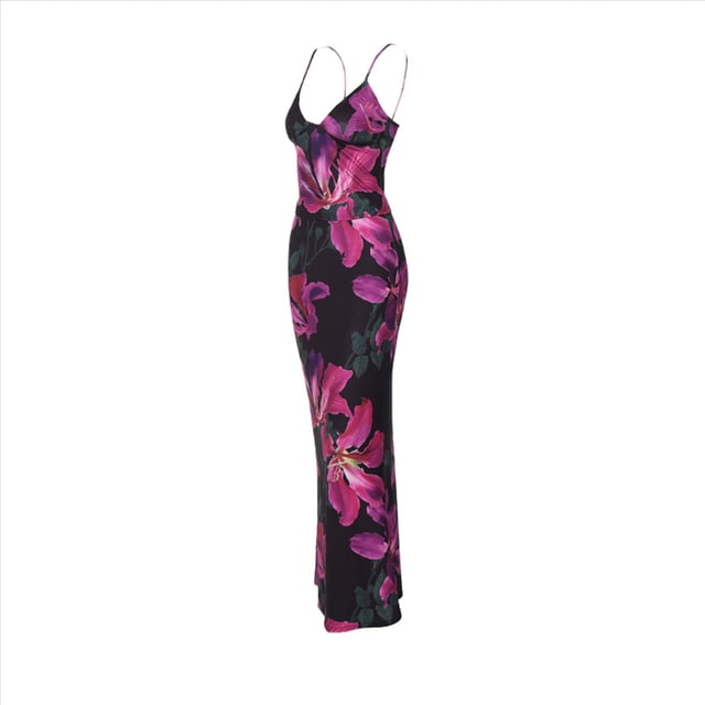 Conjunto de Falda Larga con Estampado Floral y Top Halter Trajes para Salir para Mujer Negro L
